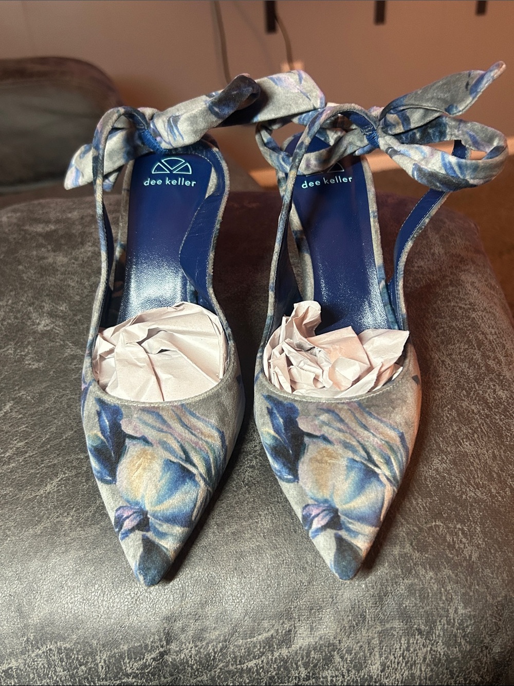 Dee Keller Blue Floral Pointed-Toe Ankle-Tie Heels, Sz 39